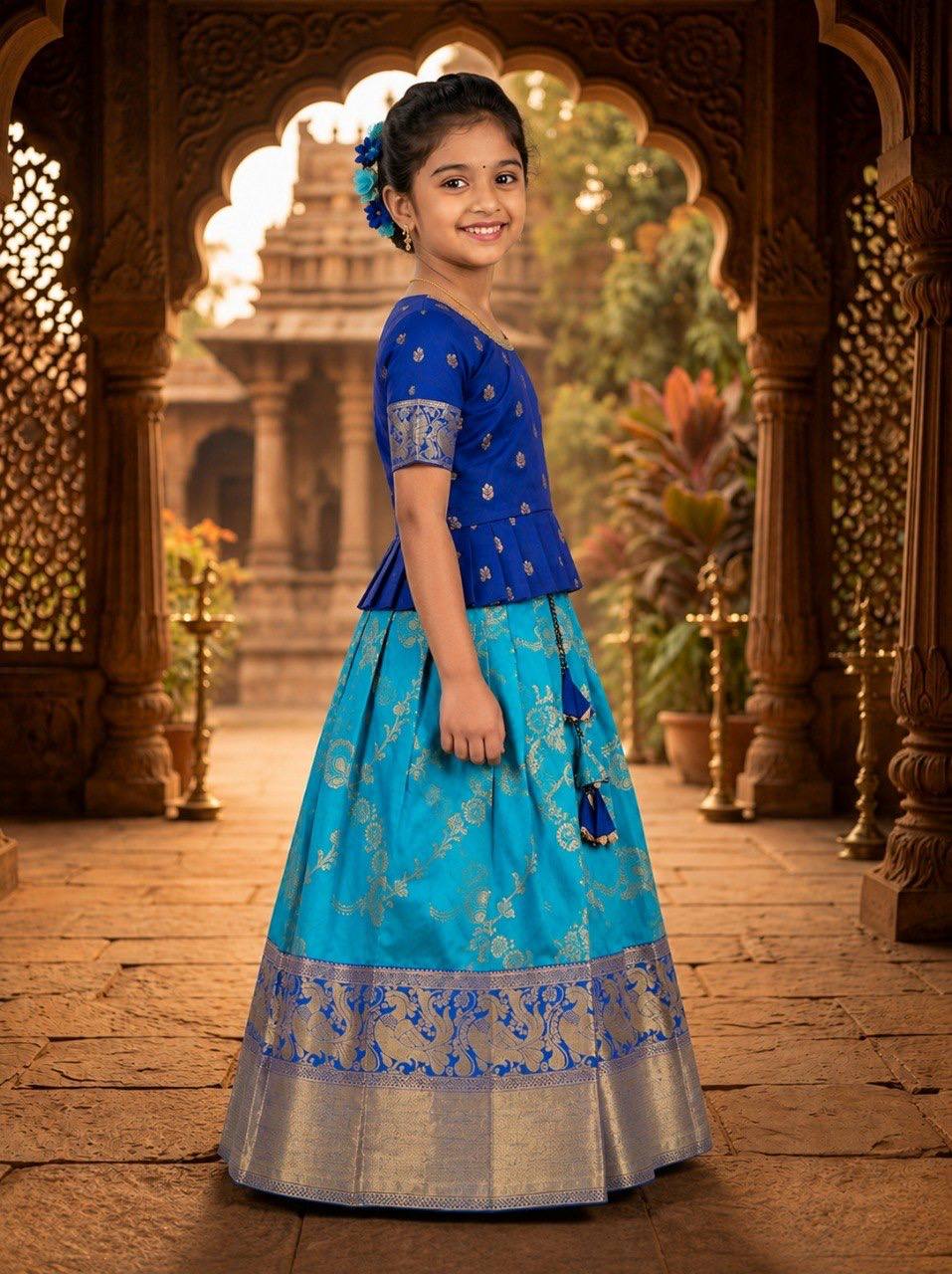 Royal Blue & Turquoise Silk Peplum Lehenga Set for Girls