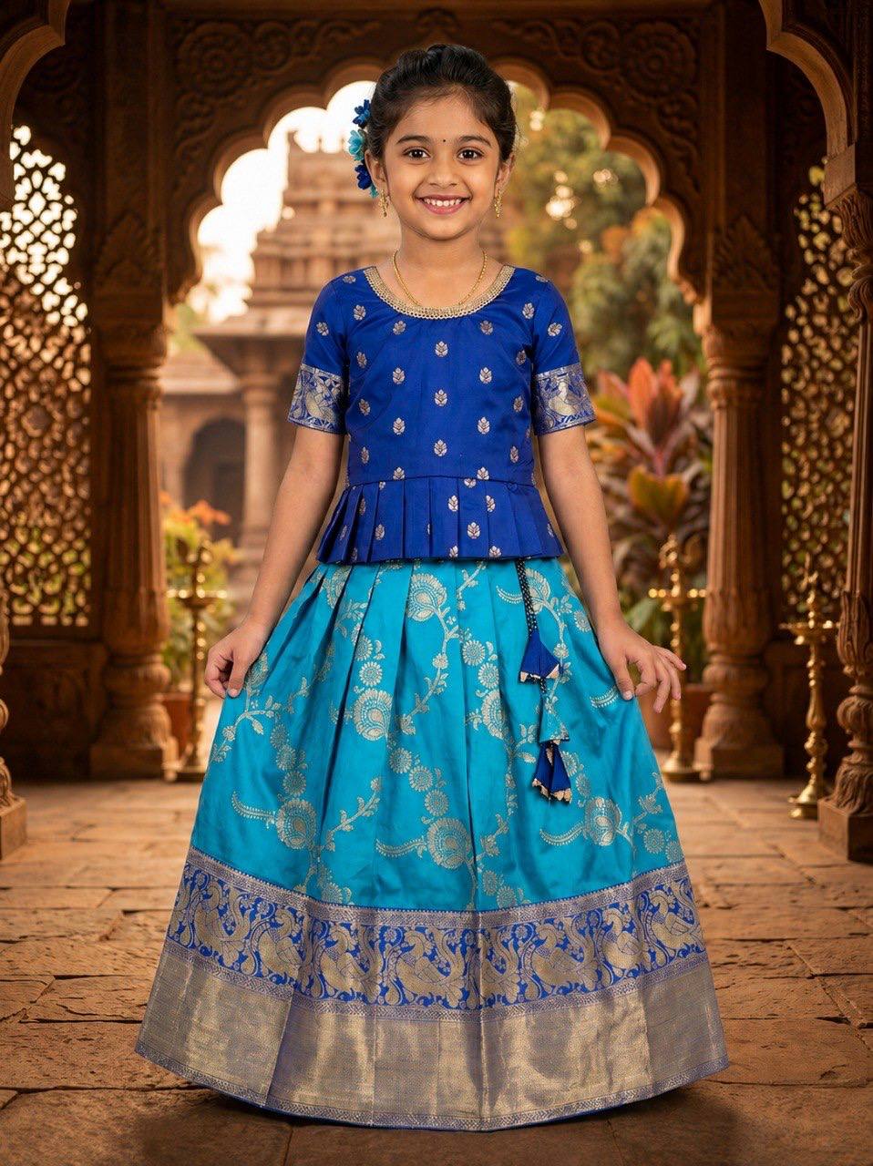 Royal Blue & Turquoise Silk Peplum Lehenga Set for Girls