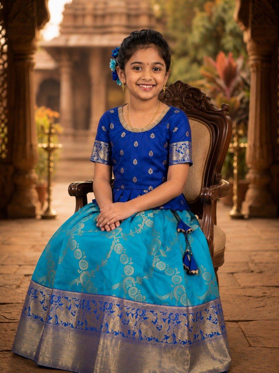 Royal Blue & Turquoise Silk Peplum Lehenga Set for Girls