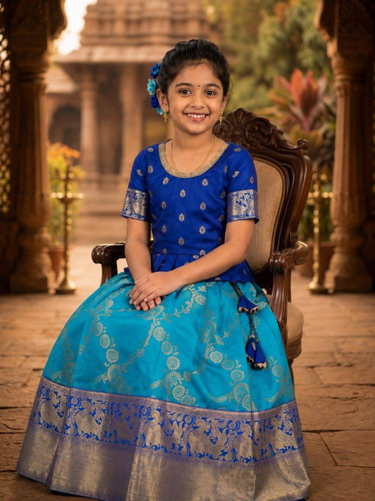 Royal Blue & Turquoise Silk Peplum Lehenga Set for Girls