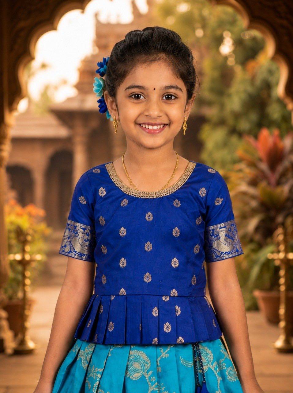 Royal Blue & Turquoise Silk Peplum Lehenga Set for Girls