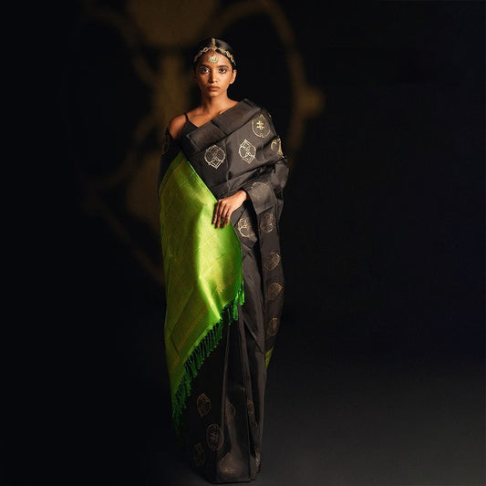 Royal Charcoal & Lime Green Designer Silk Saree