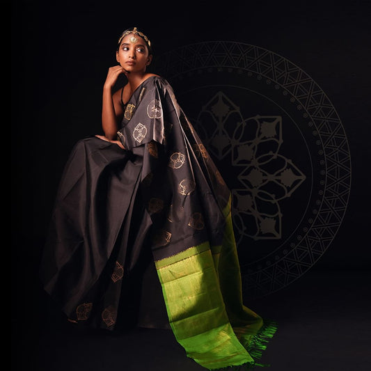 Royal Charcoal & Lime Green Designer Silk Saree