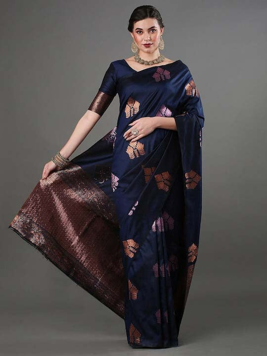 Royal Navy Blue Woven Silk Saree