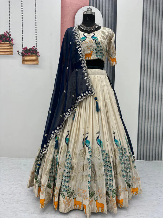 Royal Peacock Embroidered Lehenga Choli with Navy Blue Dupatta