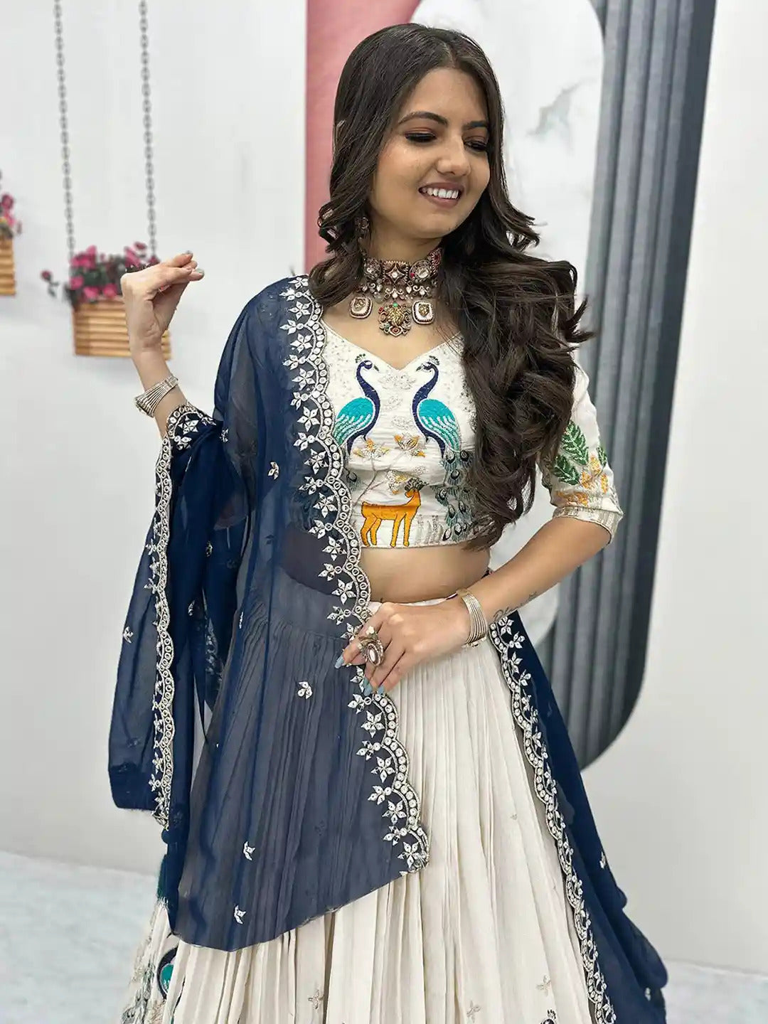Royal Peacock Embroidered Lehenga Choli with Navy Blue Dupatta