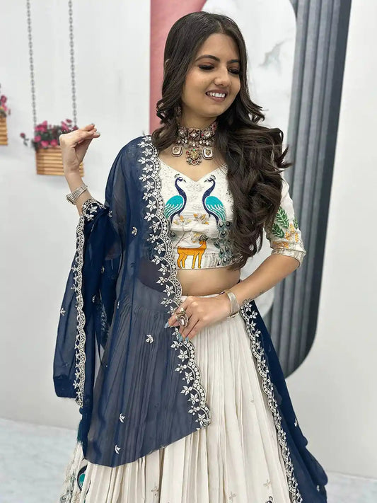Royal Peacock Embroidered Lehenga Choli with Navy Blue Dupatta
