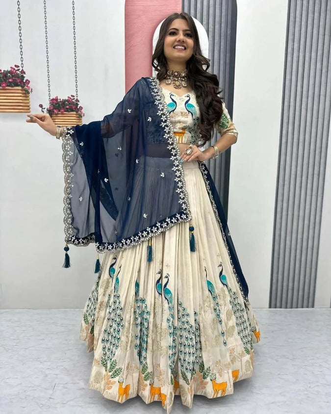 Royal Peacock Embroidered Lehenga Choli with Navy Blue Dupatta