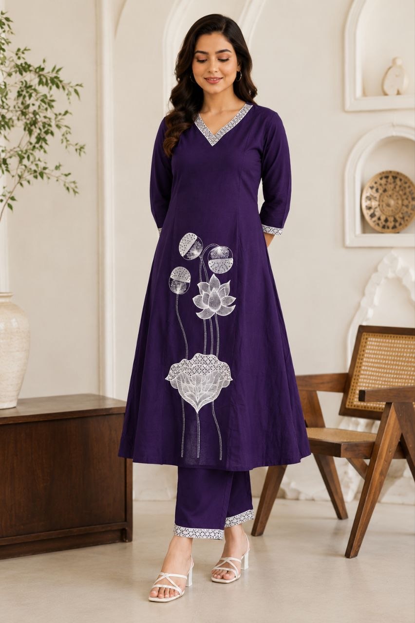 Royal Purple Lotus Embroidered Kurta Pant Set for Women