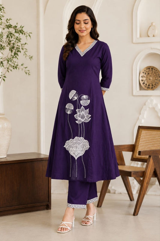 Royal Purple Lotus Embroidered Kurta Pant Set for Women
