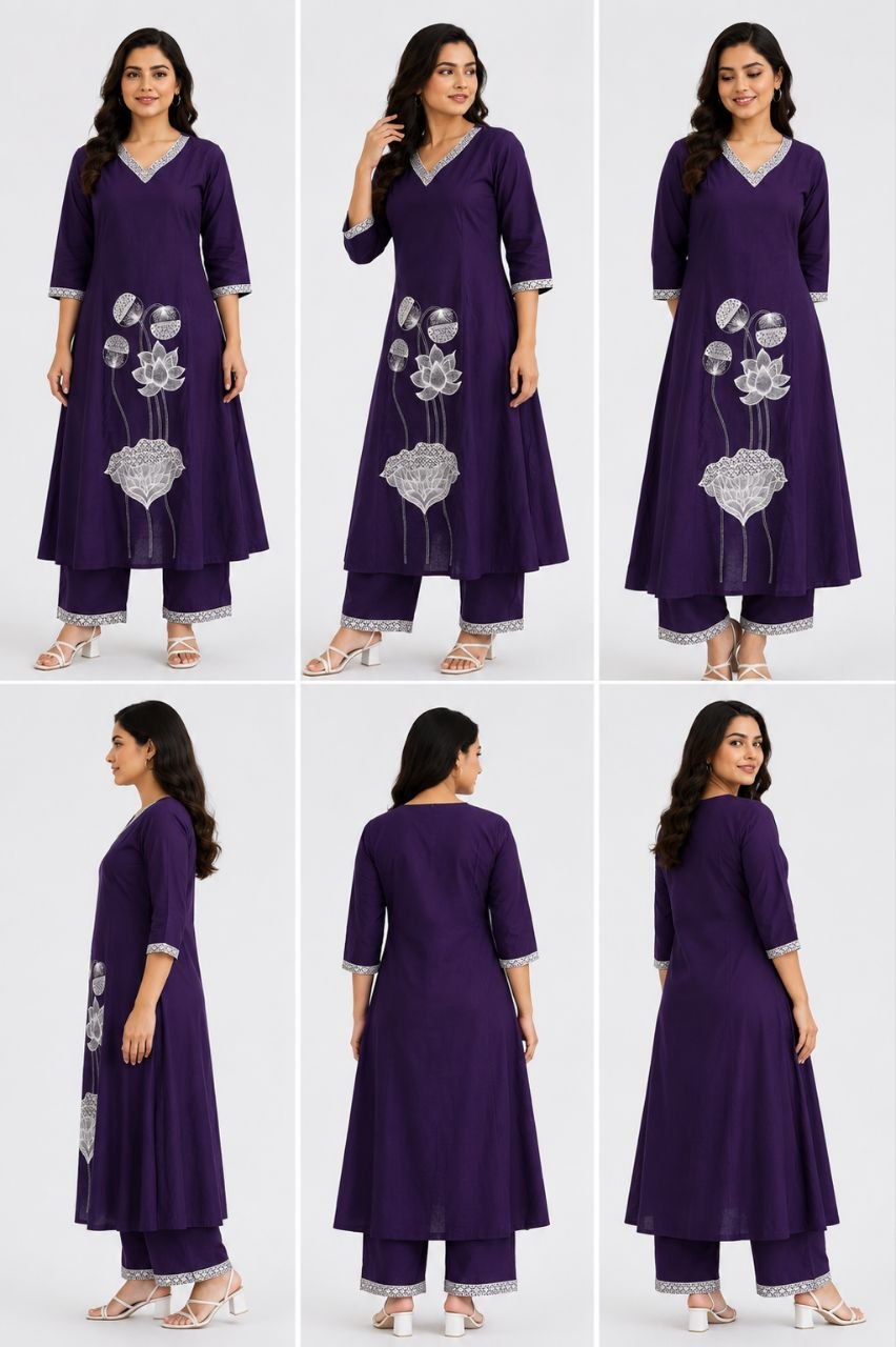 Royal Purple Lotus Embroidered Kurta Pant Set for Women