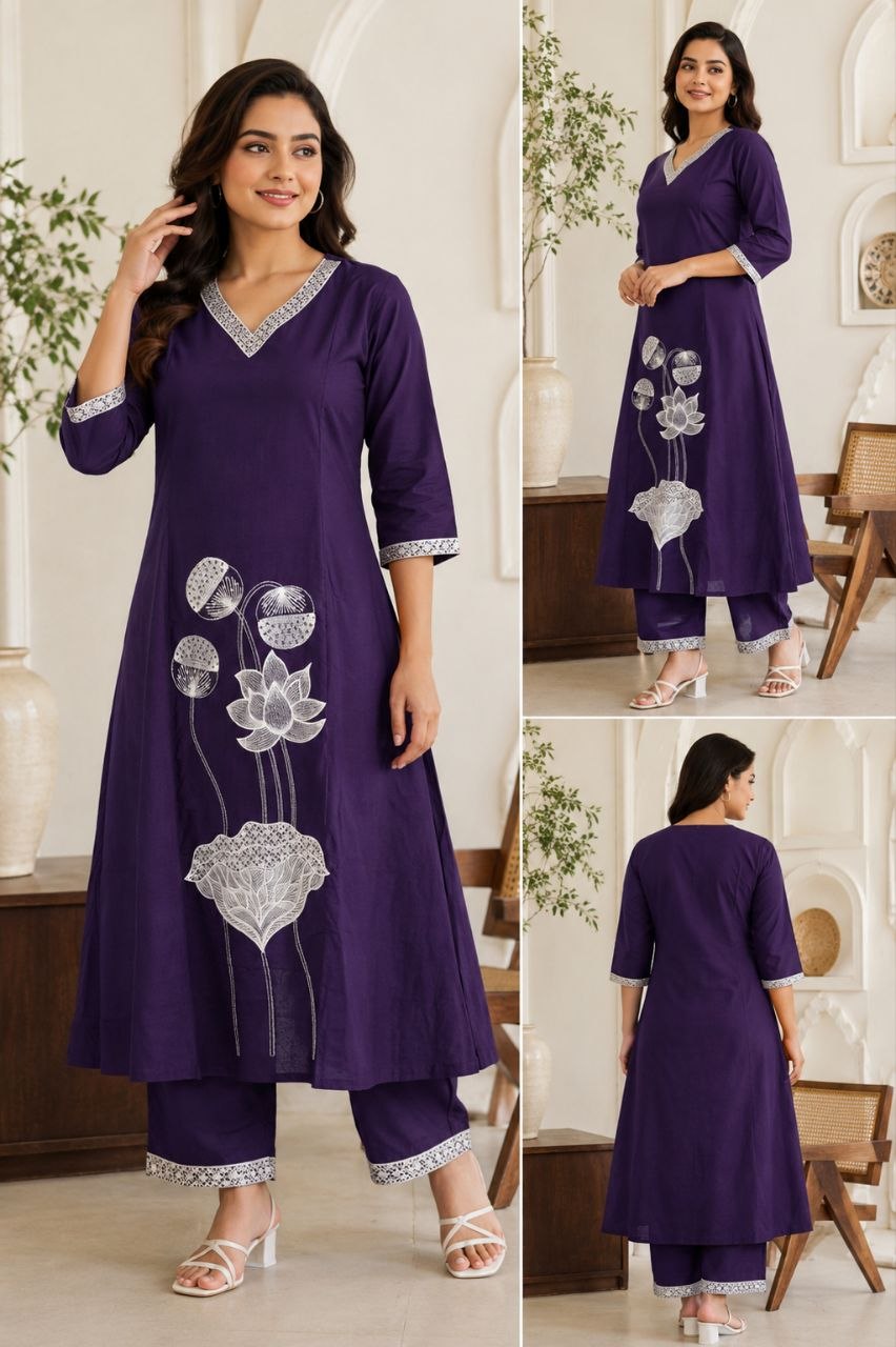 Royal Purple Lotus Embroidered Kurta Pant Set for Women