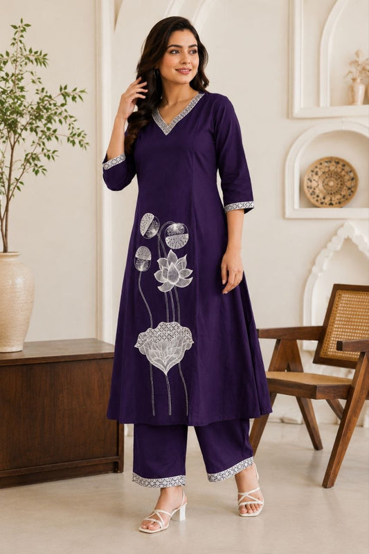 Royal Purple Lotus Embroidered Kurta Pant Set for Women