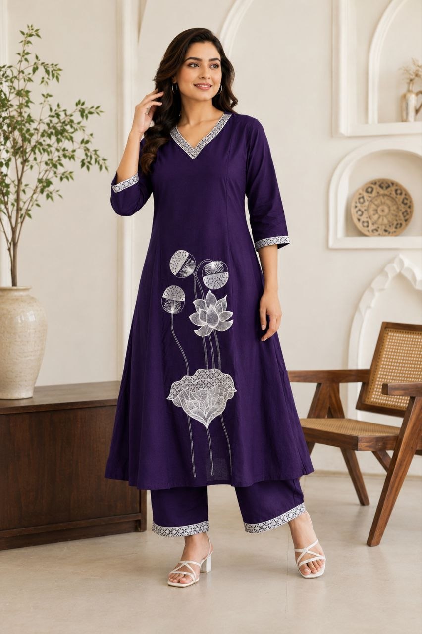Royal Purple Lotus Embroidered Kurta Pant Set for Women