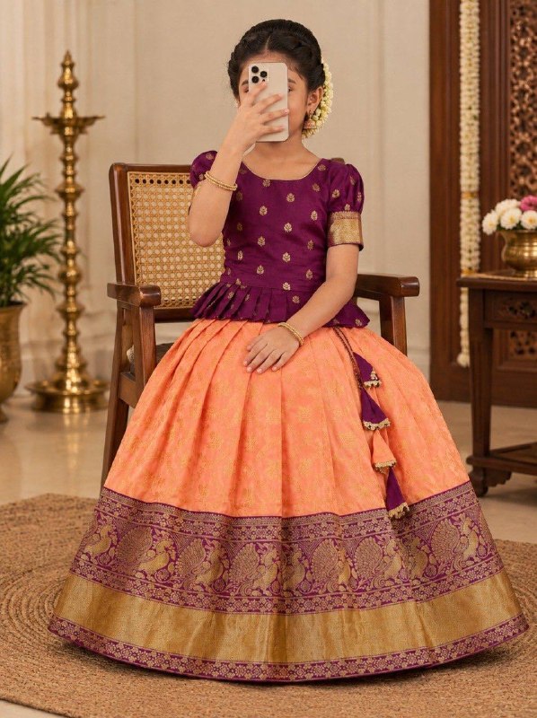 Royal Purple & Peach Traditional Silk Lehenga Choli Set for Girls