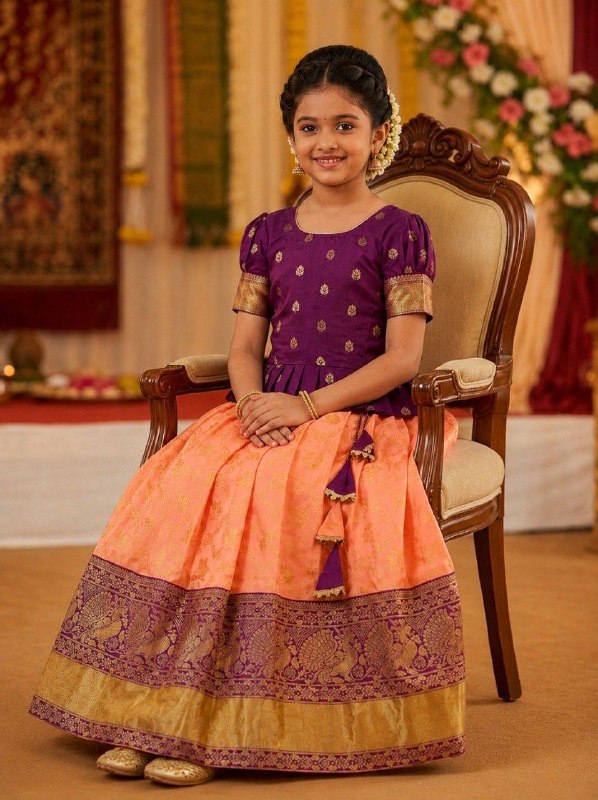 Royal Purple & Peach Traditional Silk Lehenga Choli Set for Girls