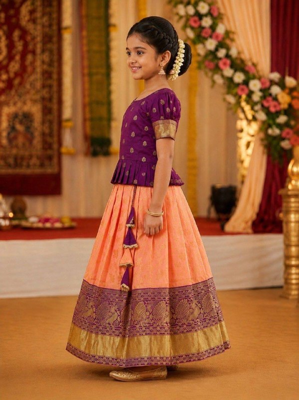 Royal Purple & Peach Traditional Silk Lehenga Choli Set for Girls