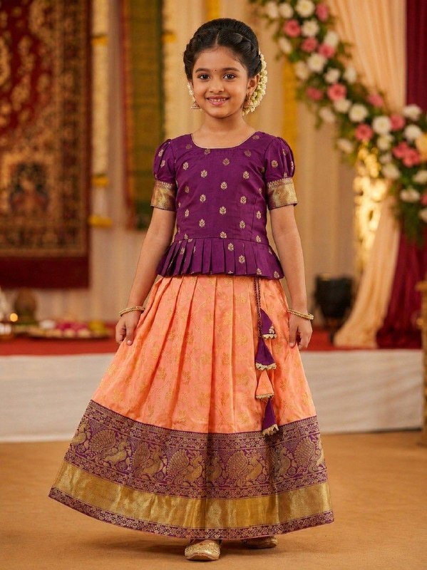 Royal Purple & Peach Traditional Silk Lehenga Choli Set for Girls