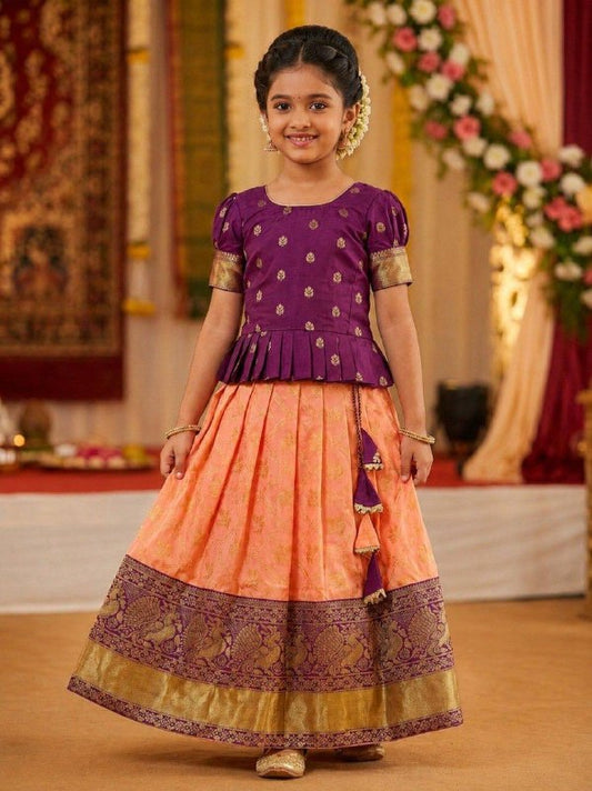 Royal Purple & Peach Traditional Silk Lehenga Choli Set for Girls