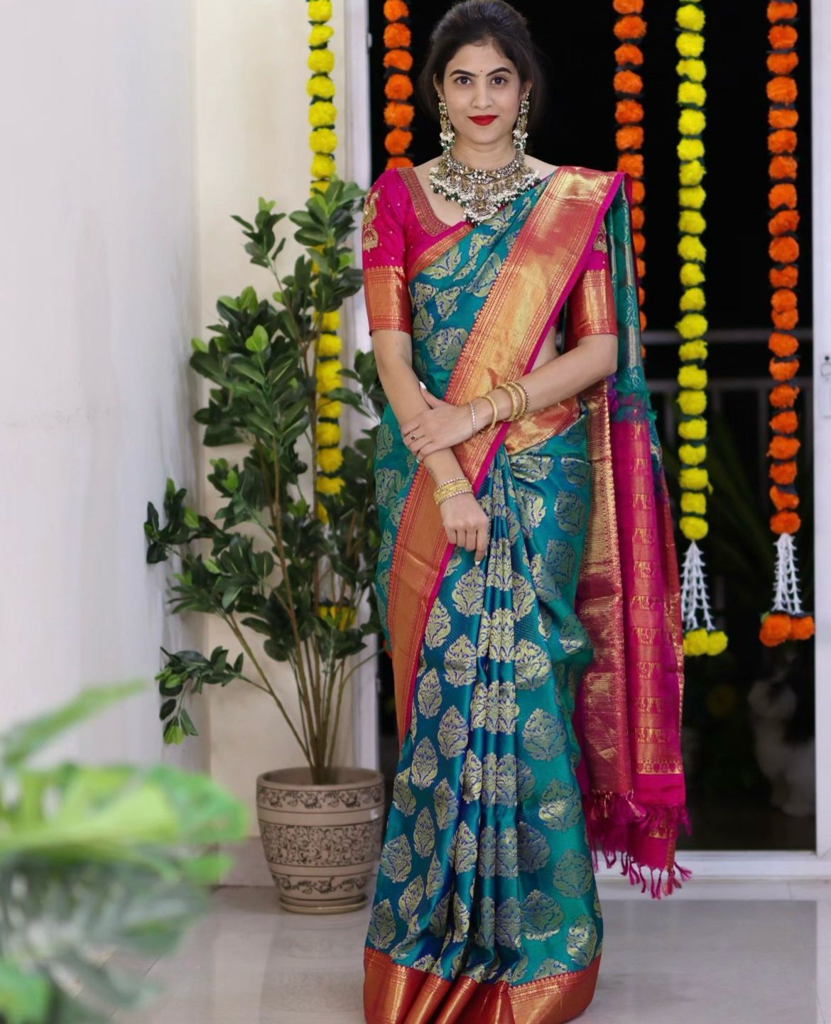 Royal Teal Silk Saree with Contrast Magenta Zari Pallu