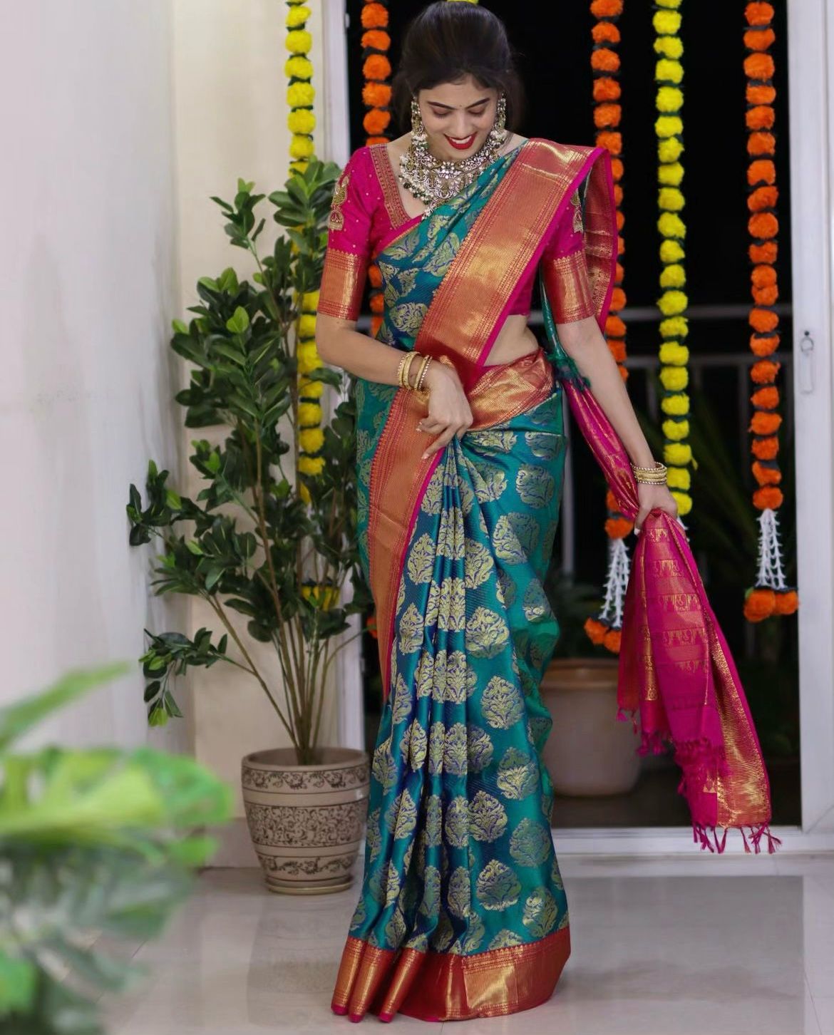 Royal Teal Silk Saree with Contrast Magenta Zari Pallu