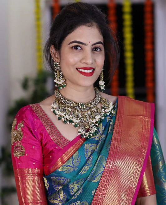 Royal Teal Silk Saree with Contrast Magenta Zari Pallu