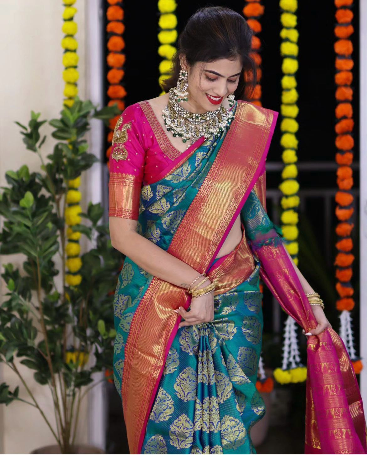 Royal Teal Silk Saree with Contrast Magenta Zari Pallu