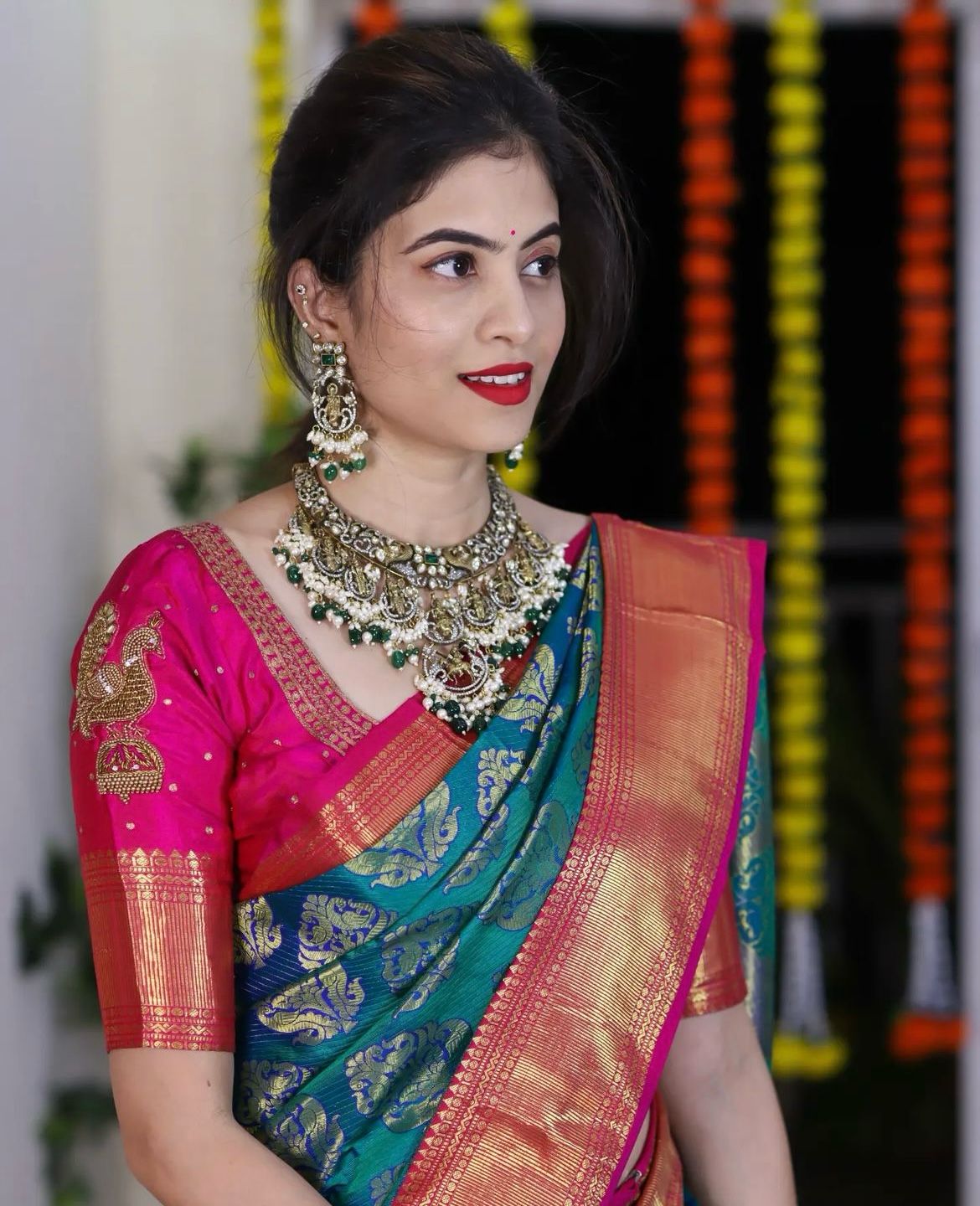 Royal Teal Silk Saree with Contrast Magenta Zari Pallu
