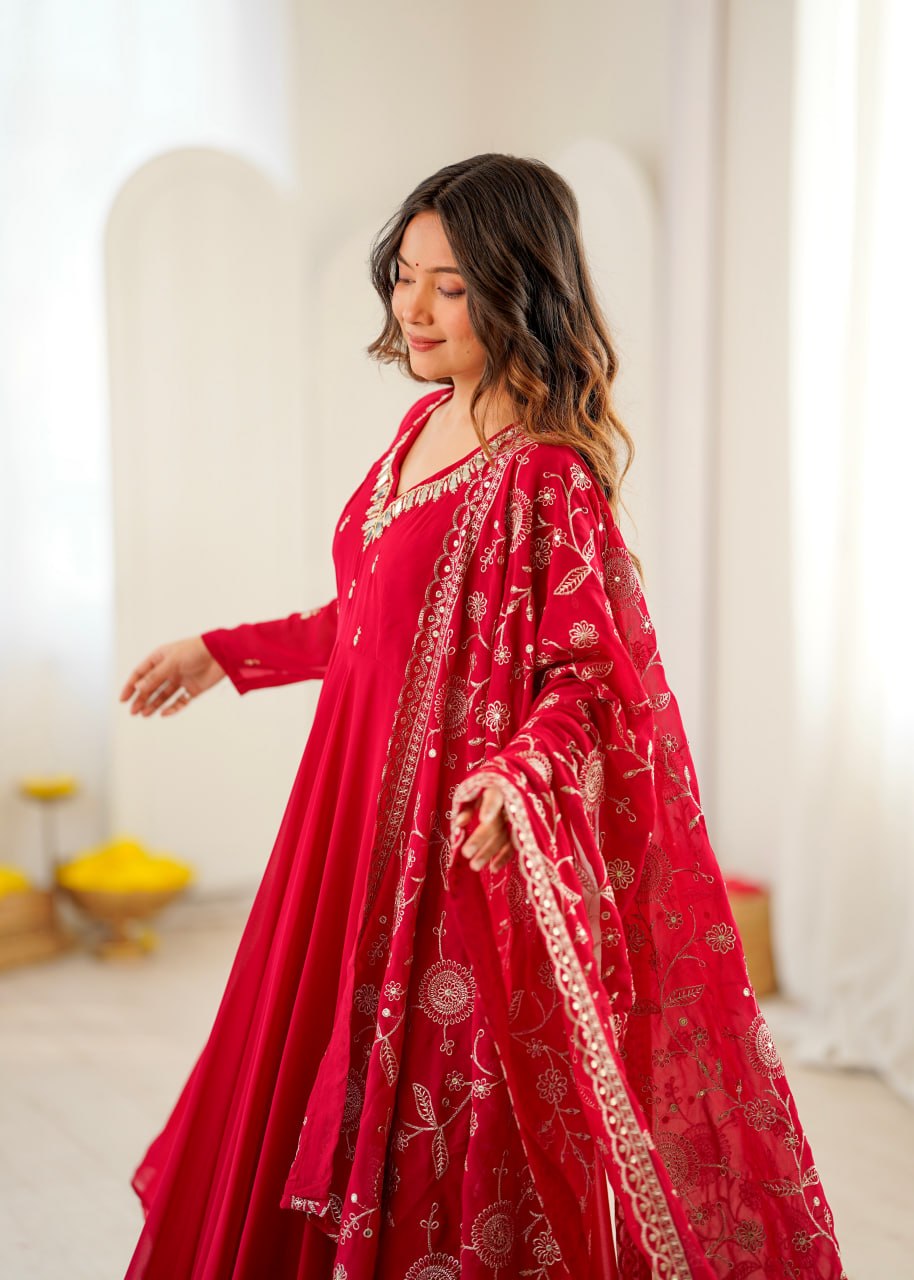 Ruby Red Khatli Mirror Work Designer Anarkali Suit Set