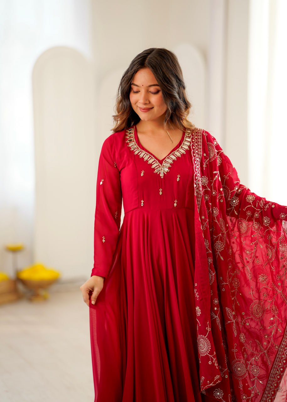 Ruby Red Khatli Mirror Work Designer Anarkali Suit Set