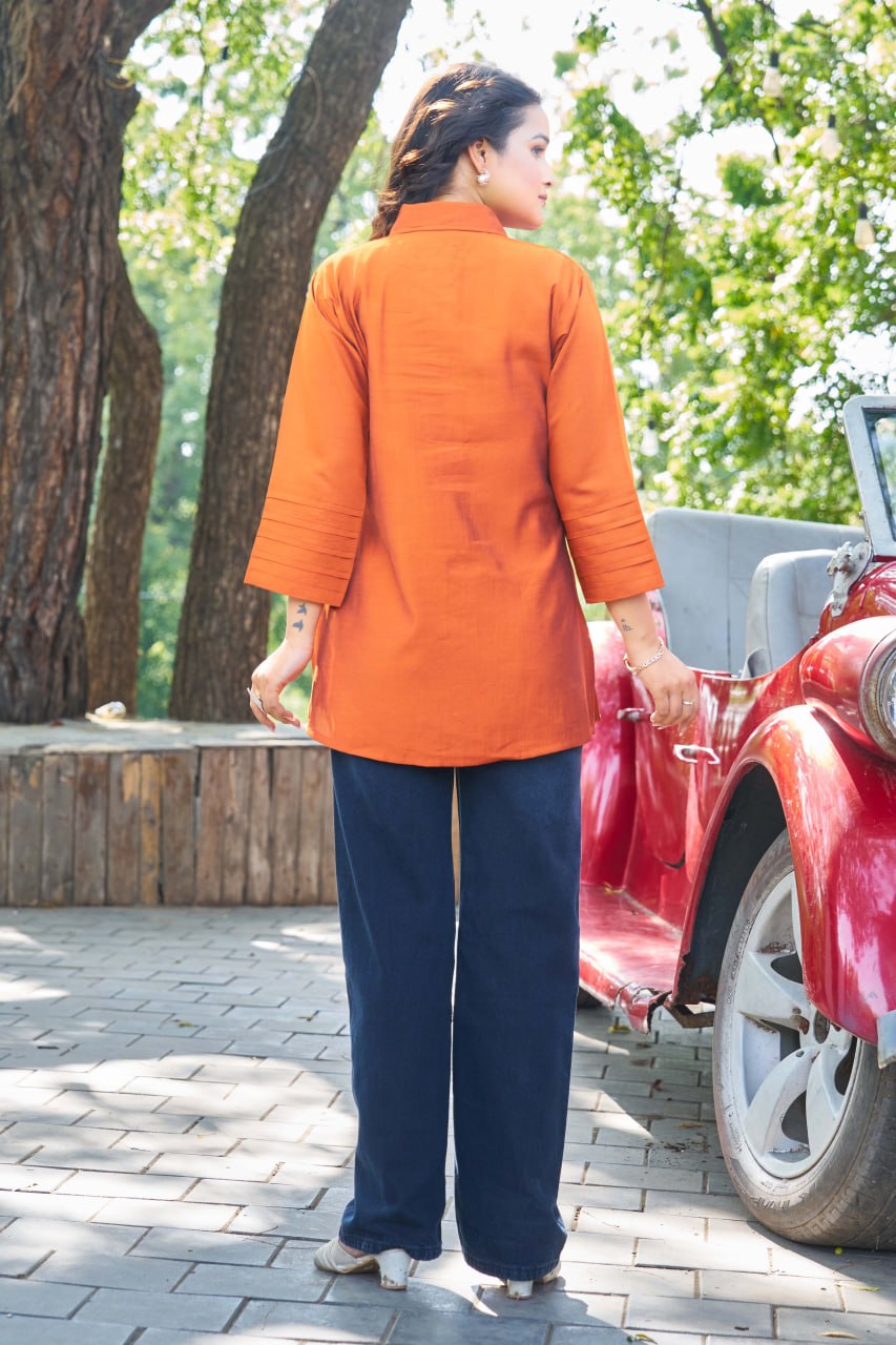 Rust Blossom Embroidered Cotton Shirt for Women