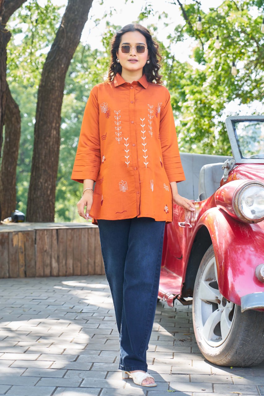 Rust Blossom Embroidered Cotton Shirt for Women