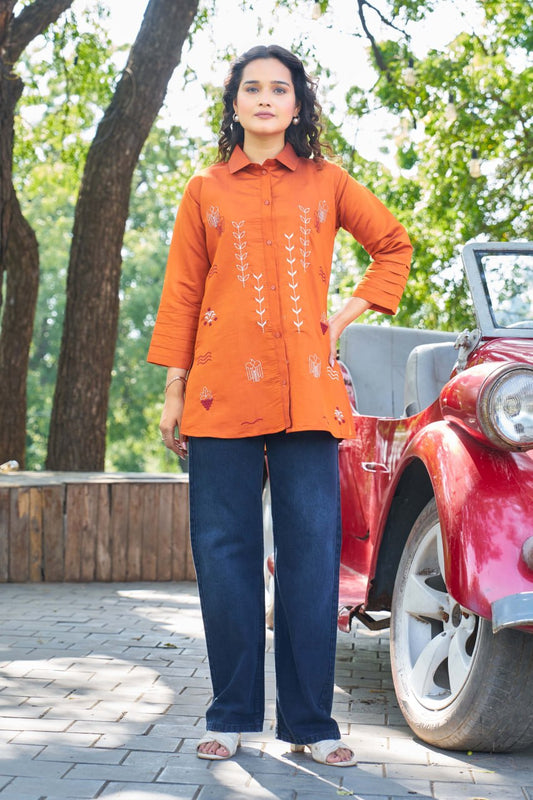 Rust Blossom Embroidered Cotton Shirt for Women
