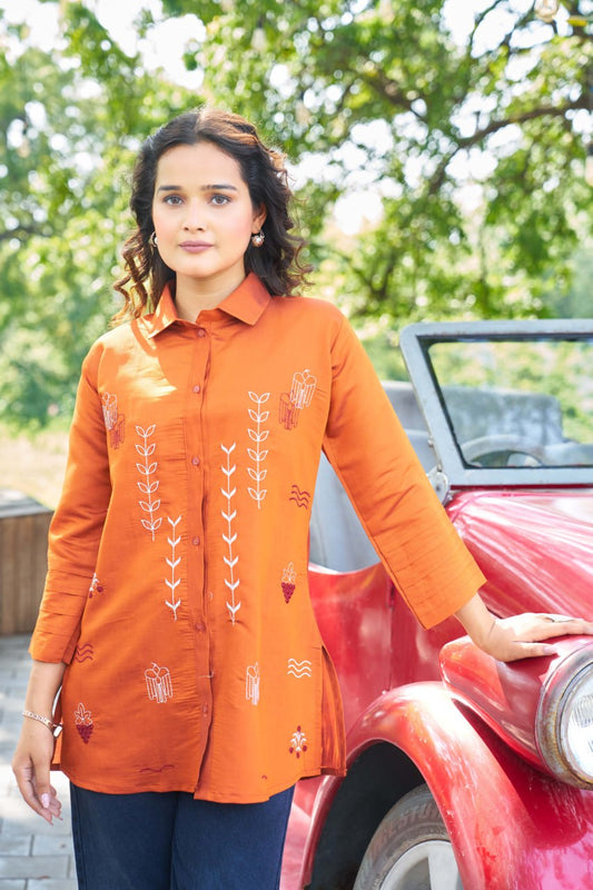 Rust Blossom Embroidered Cotton Shirt for Women