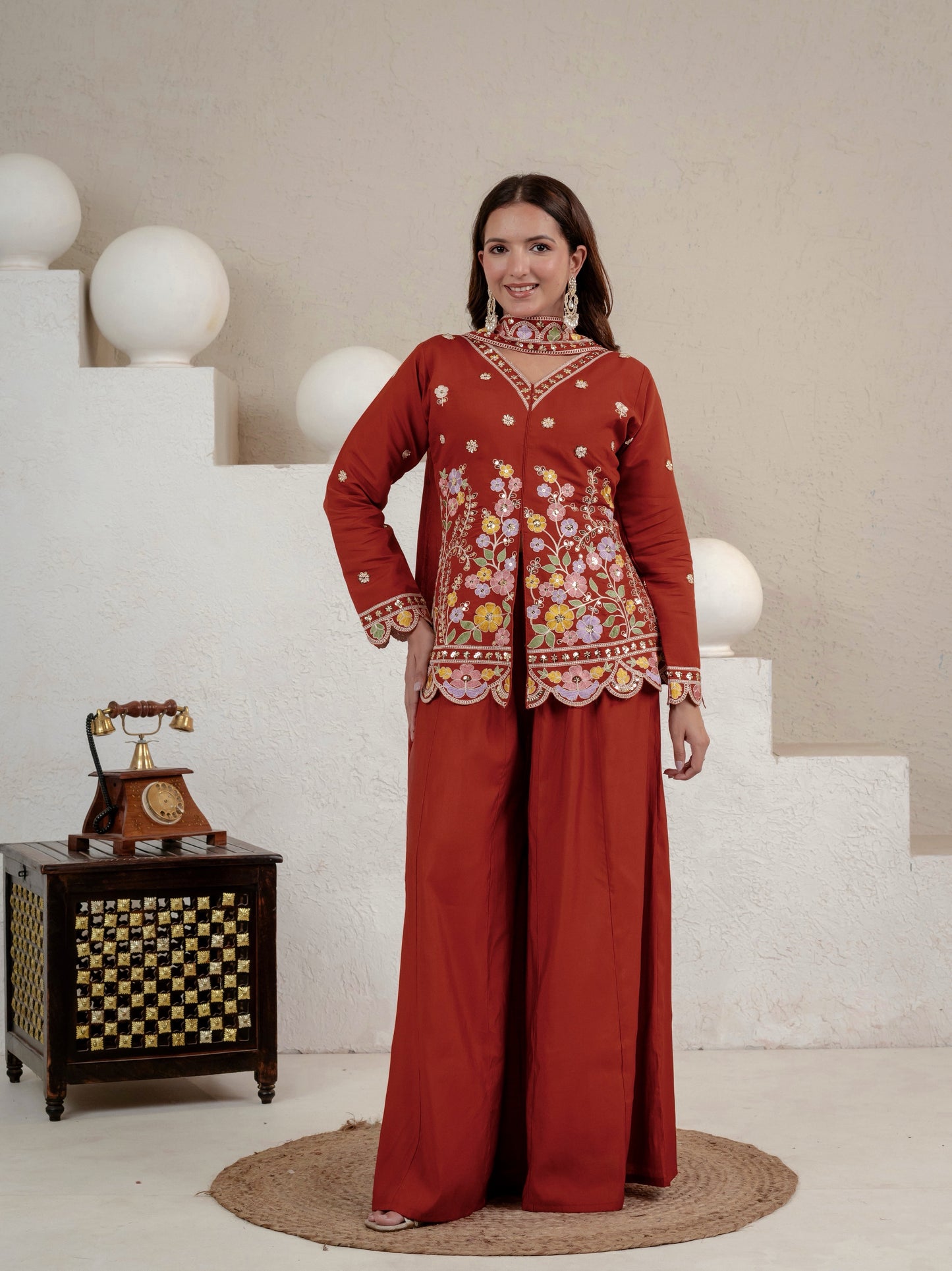 Rust Floral Mirror Embroidered Jacket Co-Ord Set for Women