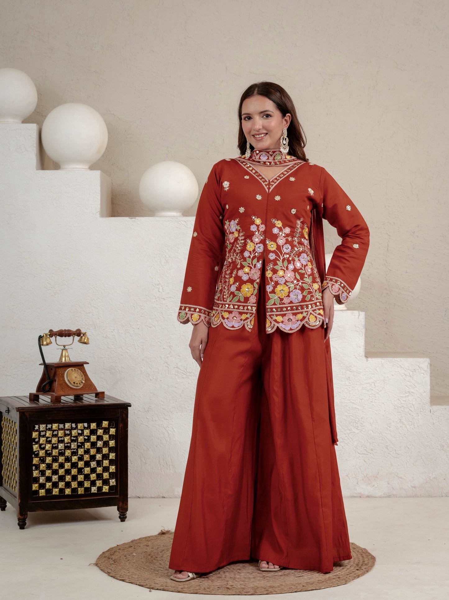 Rust Floral Mirror Embroidered Jacket Co-Ord Set for Women