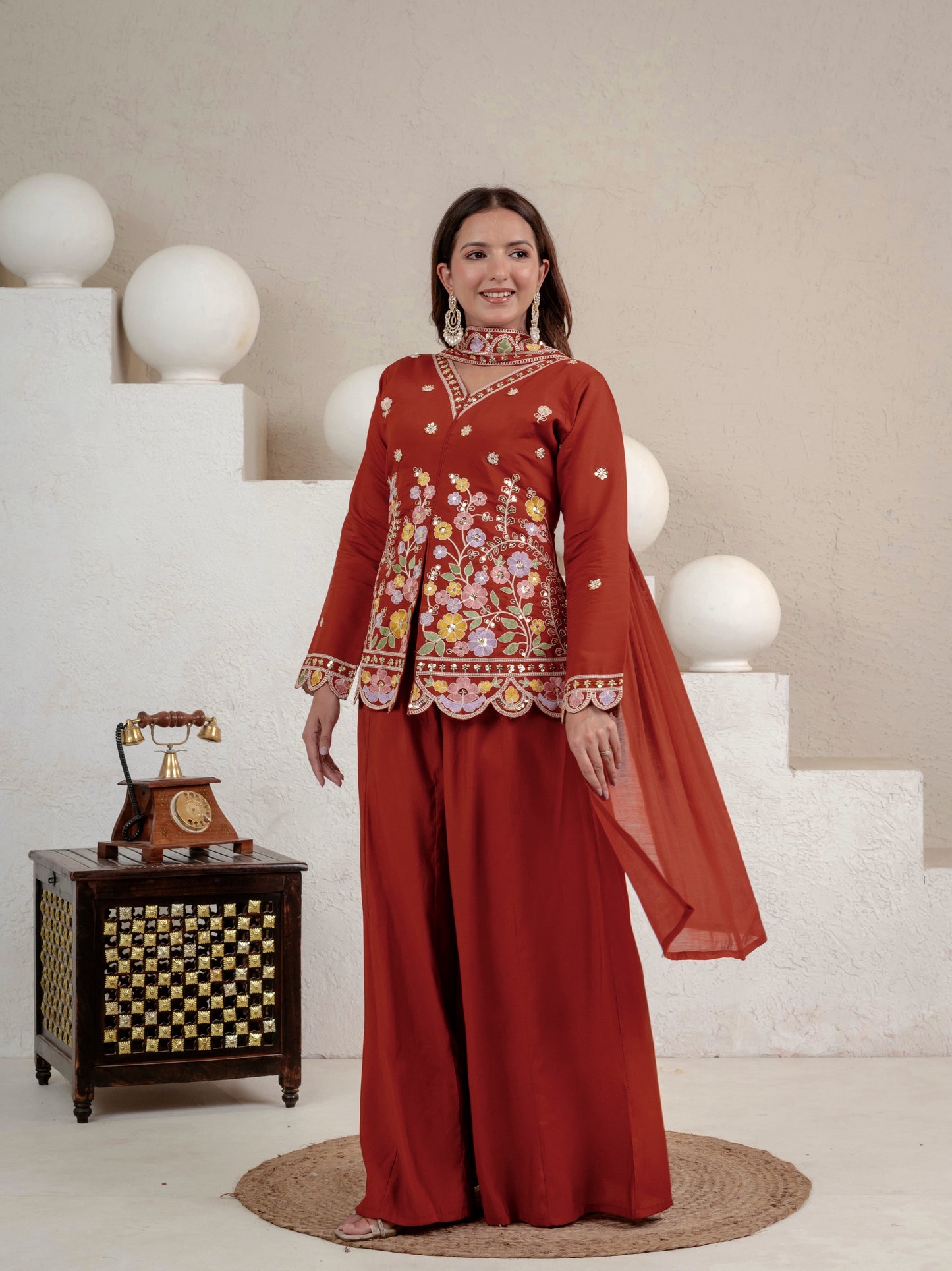Rust Floral Mirror Embroidered Jacket Co-Ord Set for Women