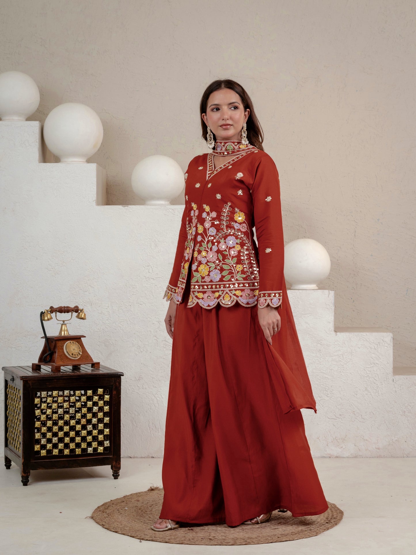 Rust Floral Mirror Embroidered Jacket Co-Ord Set for Women