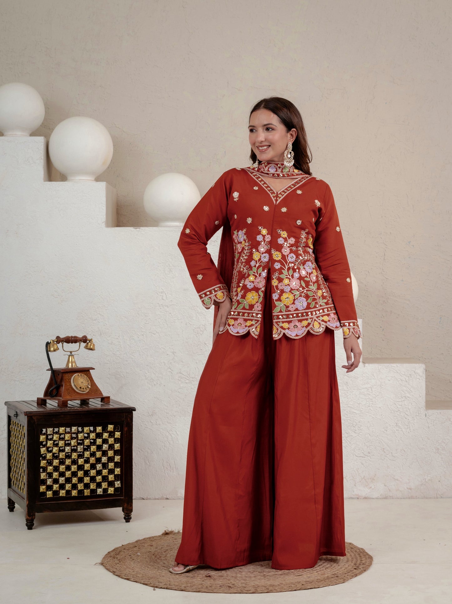 Rust Floral Mirror Embroidered Jacket Co-Ord Set for Women