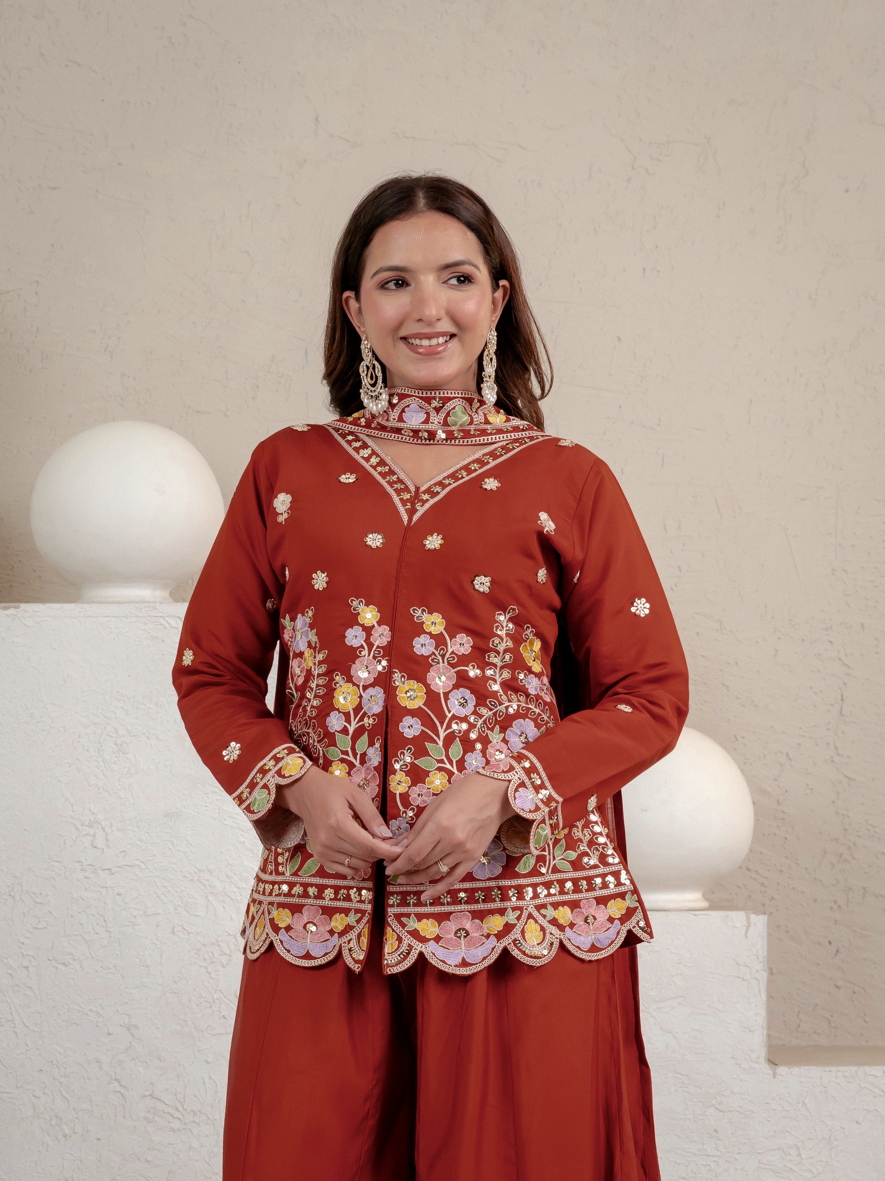 Rust Floral Mirror Embroidered Jacket Co-Ord Set for Women