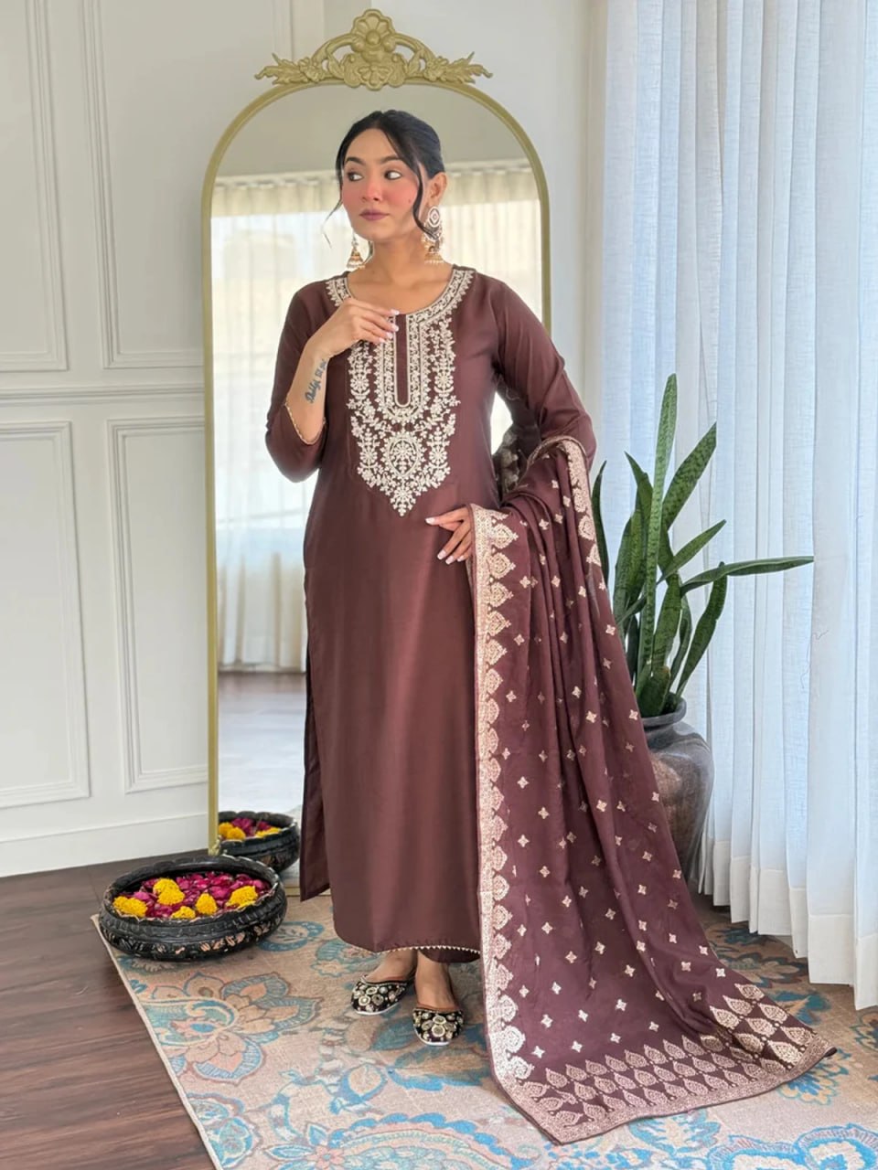 Silkyara Mocha Elegance Embroidered Kurta Set with Dupatta