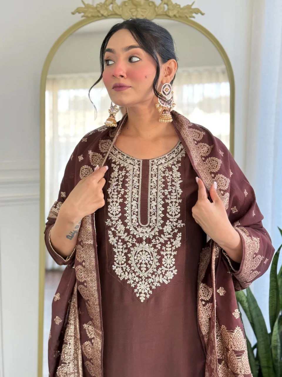 Silkyara Mocha Elegance Embroidered Kurta Set with Dupatta