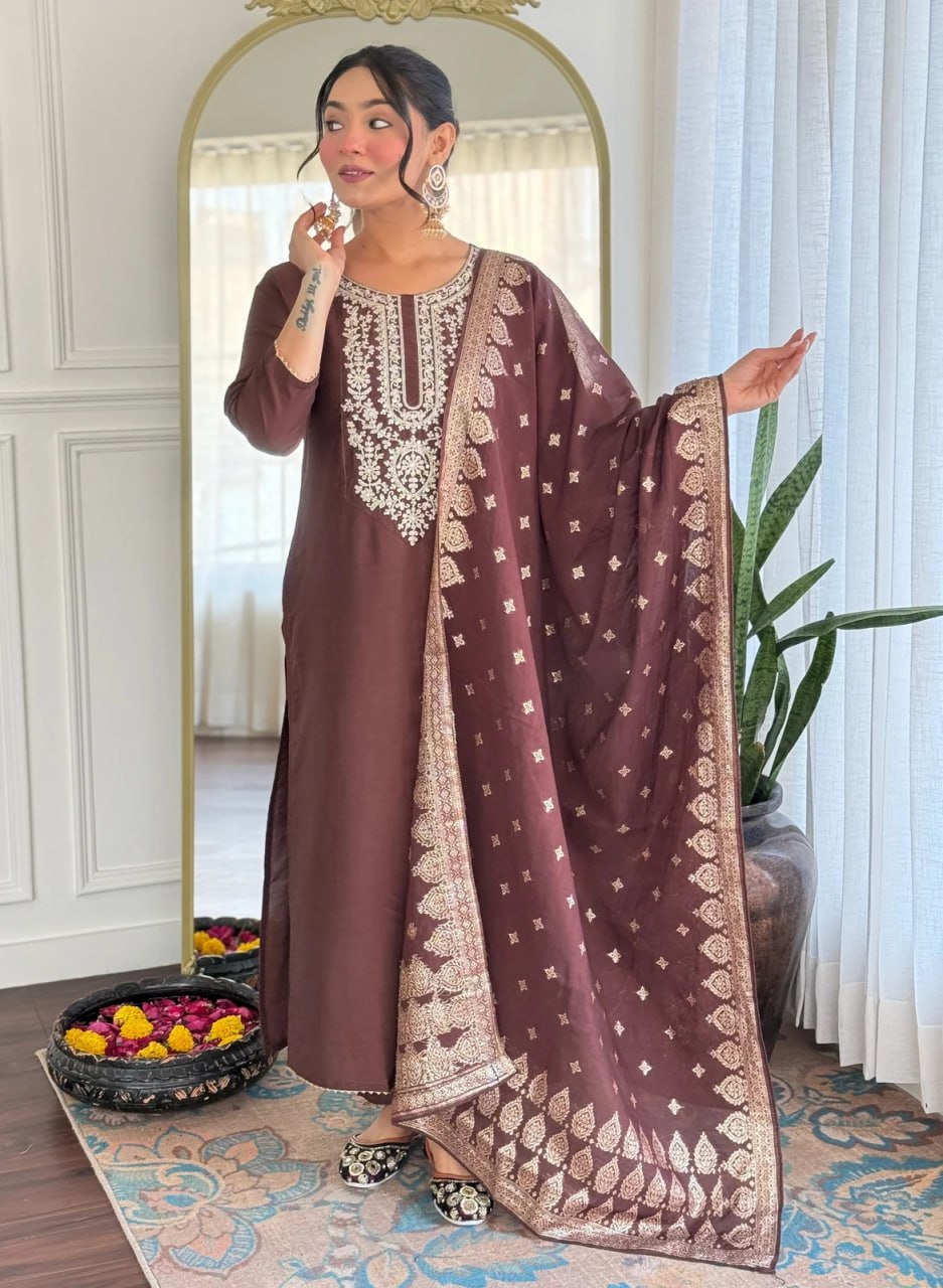 Silkyara Mocha Elegance Embroidered Kurta Set with Dupatta
