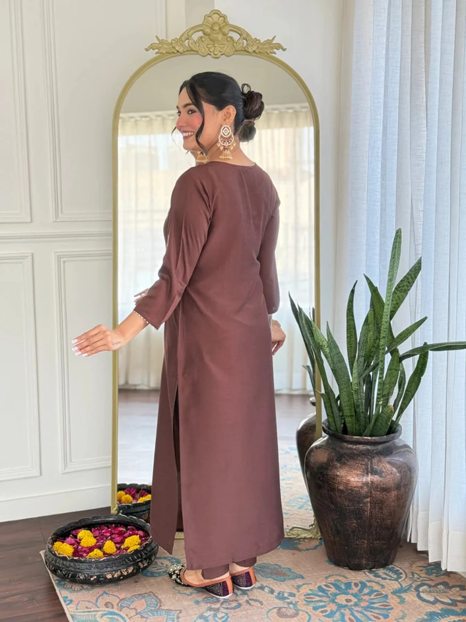 Silkyara Mocha Elegance Embroidered Kurta Set with Dupatta