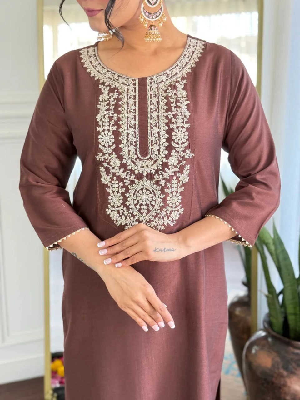 Silkyara Mocha Elegance Embroidered Kurta Set with Dupatta