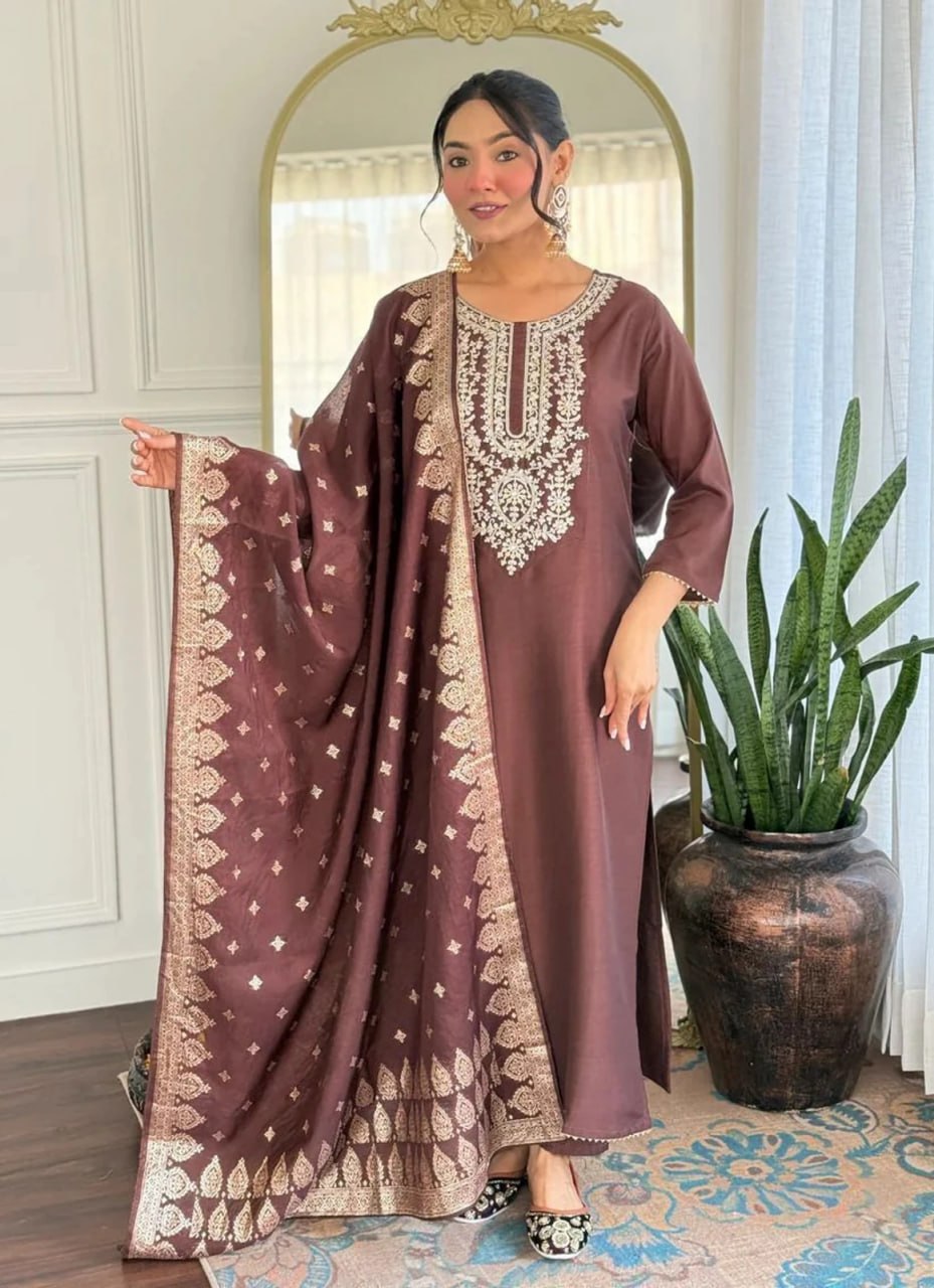 Silkyara Mocha Elegance Embroidered Kurta Set with Dupatta