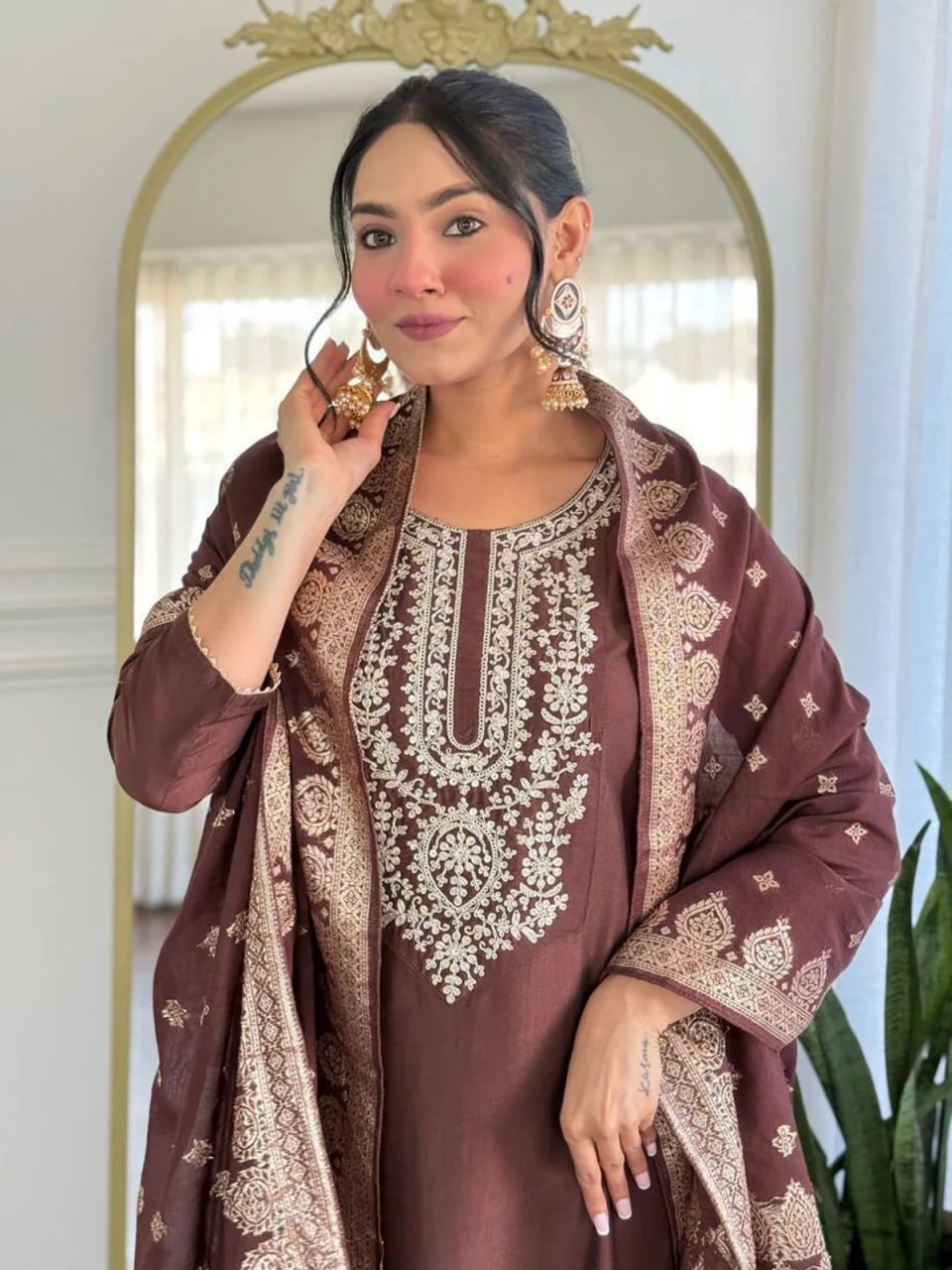 Silkyara Mocha Elegance Embroidered Kurta Set with Dupatta