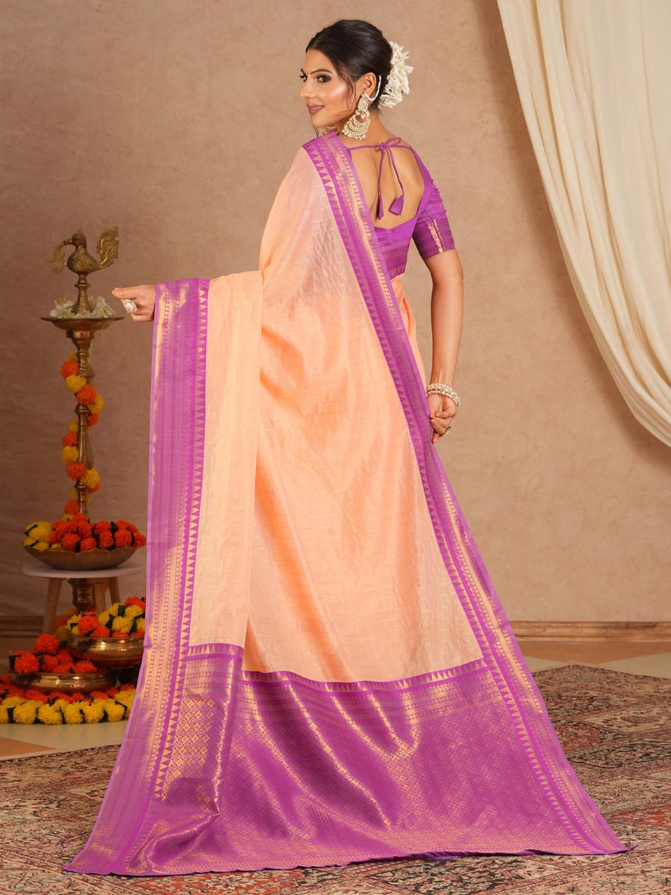 Silkyara Peach Blossom Kanjivaram Silk Saree