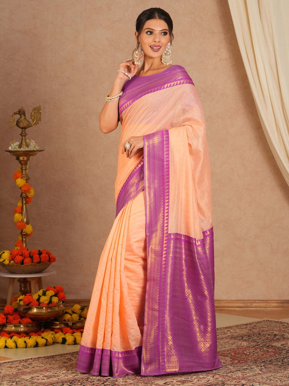 Silkyara Peach Blossom Kanjivaram Silk Saree