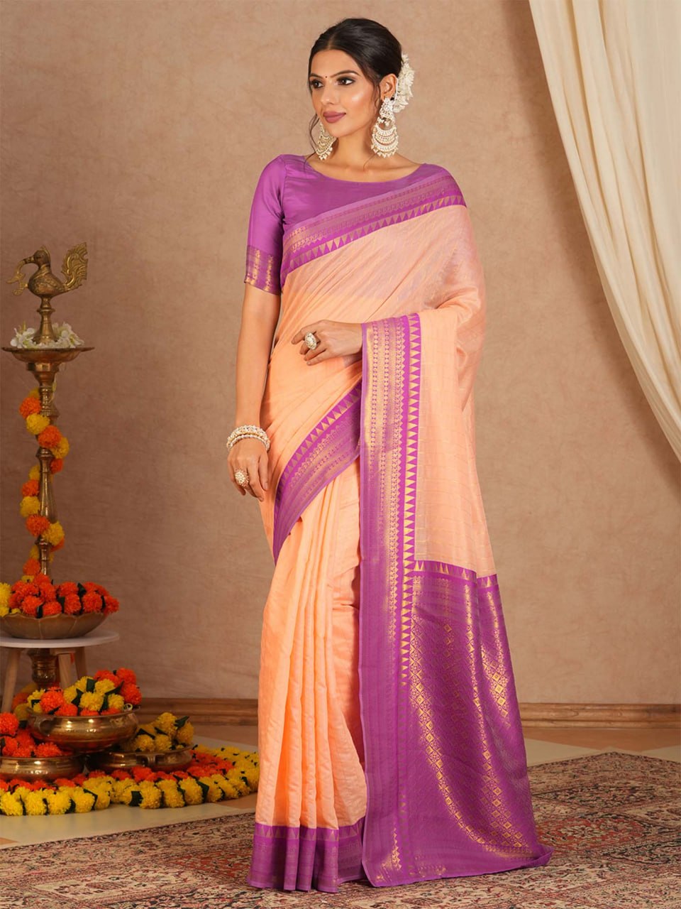 Silkyara Peach Blossom Kanjivaram Silk Saree